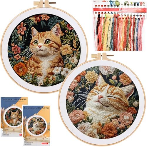 FONNUY 2 Set Embroidery Kit DIY for Adult Beginner, Pre-Stamped Patterns Mountain Sea Embroidery Kits with Hoop, Colored Threads and Needles, Easy to Follow Needlework (Cute Cats) by FONNUY