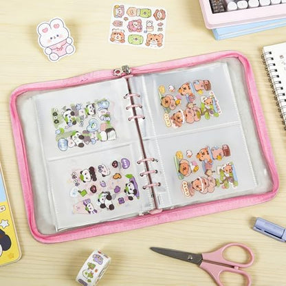 5-in-1 Sticker Organizer Book Reusable A5 Storage Binder with 220 Pockets,10 Release Papers, Zipper Album Sticker Collecting Display Keeper (Pink) - Image 3