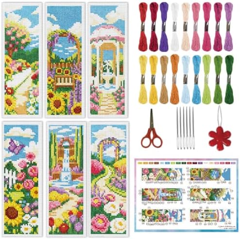INFUNLY 6 Set Colorful Garden DIY Cross Stitch Bookmark Kits for Adults Rose Sunflower Counted Cross Stitch Kit with Instruction Flowers Stamped Embroidery Bookmark Kit for Book Lovers Readers Gift by INFUNLY