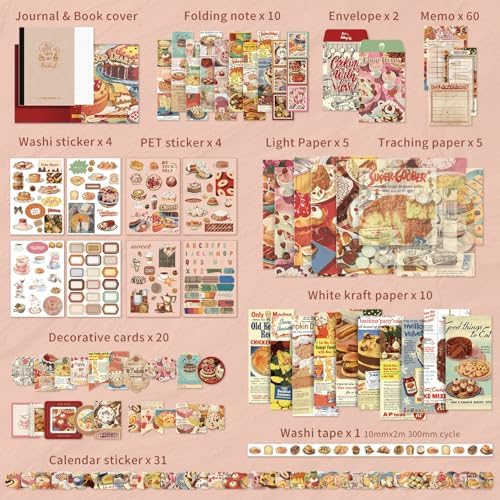 Scrapbooking Supplies Kit, Vintage Culinary Aesthetic Scrapbook Kit for Bullet Junk Journal, Gourmet DIY Journaling Supplies with Recipe, Dessert, Kitchen, Cafe Elements, Unique Gift for Teens & Women - Image 6