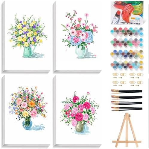 4 Pack Framed Paint by Numbers Kit for Adults Beginner with Wooden Easel, Flowers Vase Easy Paint by Numbers with Frame, DIY Adult Paint by Numbers Kits on Canvas Framed for Home Decor Gift 8x12 Inch by Unknown