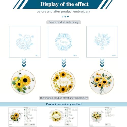 Zhenqing Sunflower Embroidery Kit 3 Designs | 11.4"x11.4" Beginner-Friendly Hand Embroidery Set with Hoop & DMC Threads | DIY Home Wall Decor, Mindful Gift for Mothers Day C0005 - Image 5