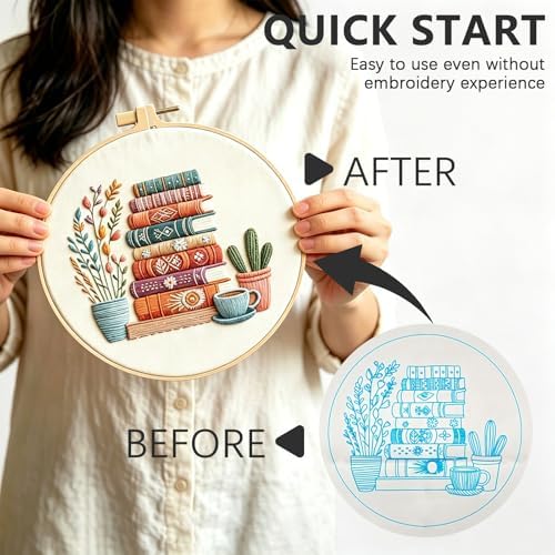 DIY Embroidery Kit for Beginners Adults, Stamped Books, Flowers & Coffee Pattern Embroidery Kit, Cross Stitch Set Include Embroidery Cloth Hoops Threads Needles Instruction, for Home Ofiice DIY Gift - Image 3