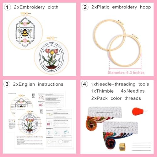 Armindou Flowers Bee Embroidery Kits for Beginners Adults, Floral Hand Embroidery Set Needlepoint DIY Kits, Stamped Cross Stitch Kits for Beginners Adults, 2 Embroidery Hoops (Attached Video Tutorial) - Image 6