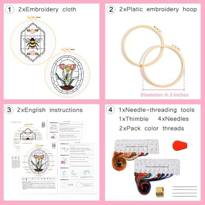 Armindou Flowers Bee Embroidery Kits for Beginners Adults, Floral Hand Embroidery Set Needlepoint DIY Kits, Stamped Cross Stitch Kits for Beginners Adults, 2 Embroidery Hoops (Attached Video Tutorial) - Image 6