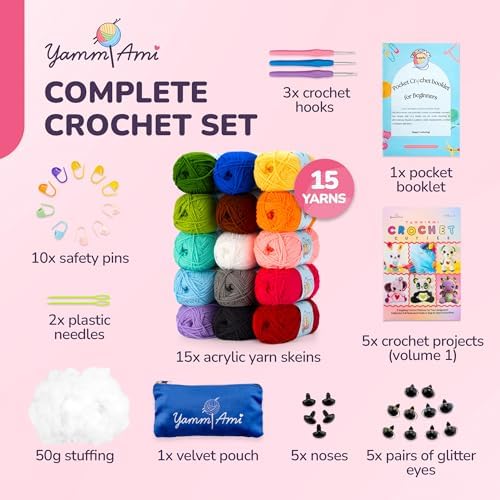 YammiAmi 2,550 Yards Beginner Crochet Kit for Adults - 15 Large Single Color Yarn Skeins - 49 Pc Amigurumi Crochet Kit for Starters - Learn to Crochet with Instruction Book - Accessories Set - Image 2