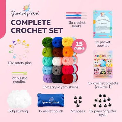 YammiAmi 2,550 Yards Beginner Crochet Kit for Adults - 15 Large Single Color Yarn Skeins - 49 Pc Amigurumi Crochet Kit for Starters - Learn to Crochet with Instruction Book - Accessories Set - Image 2