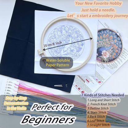 FONNUY Peacock Floral Embroidery Kit, Cross Stitch Kits, Handmade Crafts with Printed Patterns for Beginner Adults, Easy to Follow Color Thread Needlework, 8'' Hoop (Elegance and Royalty) - Image 6