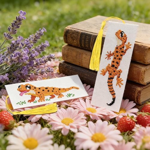 INFUNLY Lizard Cross Stitch Bookmark Kit 10x7.7 Gecko Embroidery Bookmark Kit DIY Embroidery Bookmarks for Readers Chameleon Handmade Cross Stitch Bookmarks for Book Lovers Writers Craft Gift - Image 5
