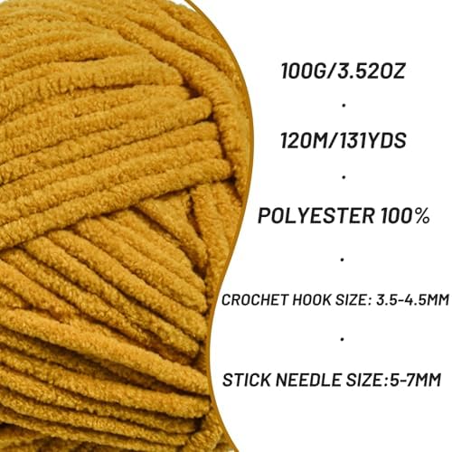 Plush Chenille Chunky Crochet Yarn - Baby Yarn for Crocheting Soft - Velvet Yarns Knitting for Blankets Crafts - Fluffy Amigurumi Yarns 100g / 131yd (Turmeric) - Image 2