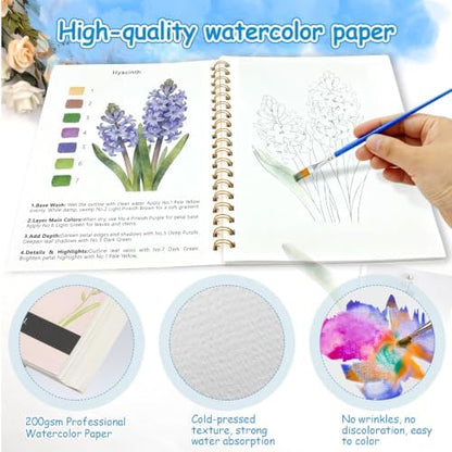 Watercolor Workbook for Adults – Flowers Watercolor Coloring Book with 14 Watercolor Paintings, 16 Colors, 3 Brushes & Color Mixing Guide – Large 200GSM Paper for Beginners & Art Enthusiasts - Image 2