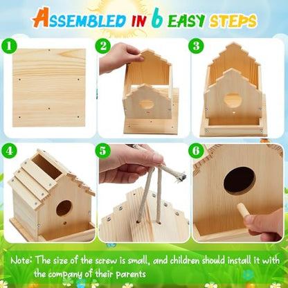 Juexica 4 Pack DIY Birdhouse Kits for Kids Ages 6+ Build and Paint Wooden Bird House Arts and Craft Project with Paint Strips Brushes for Boy Girl Adult Classroom Indoor Outdoor Crafts (Groovy) - Image 3