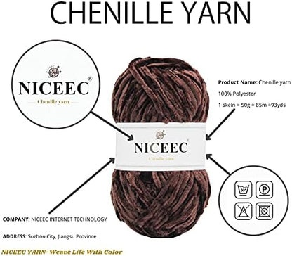 NICEEC 3 Skeins Soft Chenille Yarn 3 x85m (3X 93yds, 3X 50g)_Brown Series - Image 4