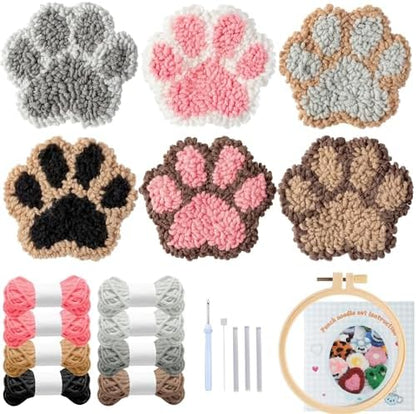 Avtytsda 6PCS Punch Needle Coaster Kit,Easy Punch Needle DIY Embroidery Set with Tools, Yarns, Hoop, Instructions Easy for Beginners, Kids, Adults, Handmade Gift and Decoration (Cat's paw) by Avtytsda