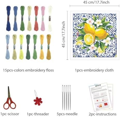 FREEBLOSS 11CT Lemon Stamped Cross Stitch Kits Embroidery Kits with Instruction Cross Stitch Wall Hanging Kit for Needlepoint Adults Wall Art Decoration 18x18in/45x45cm - Image 2
