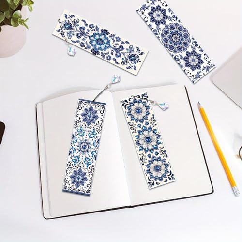 4pcs Diamond Art Bookmark Set - Blue and White Porcelain Pattern, Crystal Water Diamond Art Gift with Diamond Pendant, Suitable for Office, School Reading Enthusiasts, DIY Crafts Gifts, Birthday Gifts - Image 6