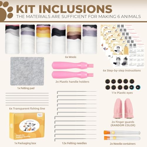 MOREJMTT Needle Felting Kit, 6 PCS Animal Needle Felting Beginner Kits, Wool Felt Needle Felting Tools Foam Pad, Craft Party Supplies for Beginners Adult(Cat Family) - Image 2