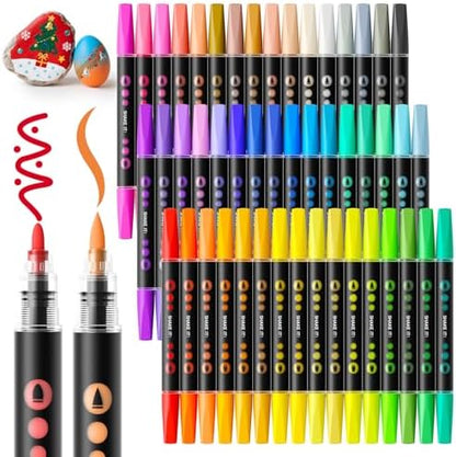 SUNEE 48 Colors Acrylic Paint Markers, Dual Tip Bullet & Brush Paint Pens with Automatic Ink Control System, Art Supplies for Adults & Teens, for Rock, Wood, Canvas, Glass Creative Projects by SUNEE