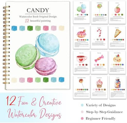 Easy Watercolor Workbook for Beginners - 12 Beautiful Step-by-Step Paintings Water Coloring Book, Includes 16 Colors Paints, Relaxing Art Projects and Creative Gift for Adults & Teen (Candy) - Image 7