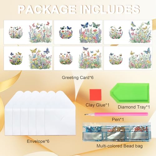 Tontut 6pcs Diamond Art Painting Kit Greeting Card, Green Flower Butterfly 5D DIY Diamond Handmade Holiday Greeting Card with Envelope, Holiday Gift Congratulations - Image 3