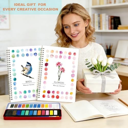 2Pcs Birds & Flowers Watercolour Workbooks for Beginners, Complete Art Kit with 12 Paints,Thick Bleed-Proof Paper, Spiral Bound Sketchbook, Portable DIY Art Creative Gift for Adults Teens - Image 6