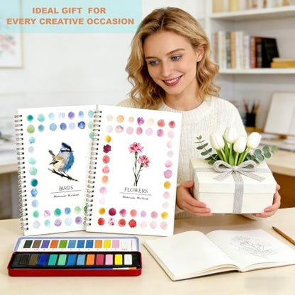 2Pcs Birds & Flowers Watercolour Workbooks for Beginners, Complete Art Kit with 12 Paints,Thick Bleed-Proof Paper, Spiral Bound Sketchbook, Portable DIY Art Creative Gift for Adults Teens - Image 6