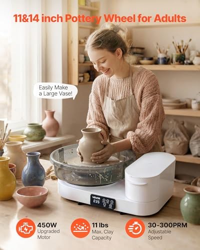 VEVOR Pottery Wheel for Adults, 14" and 11" Turntables, 450W Electric Table Top Pottery Wheel with Foot Pedal, 30-300 RPM Adjustable Speed, Aluminum Body, for Beginners, DIY Clay Art Craft, White - Image 2
