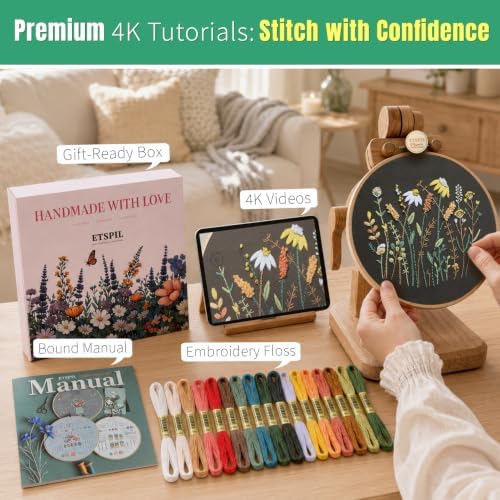 ETSPIL Embroidery Kit for Adults, 2 Hoops, 4K Slow-Mo, Pre-Printed Patterns - Image 2