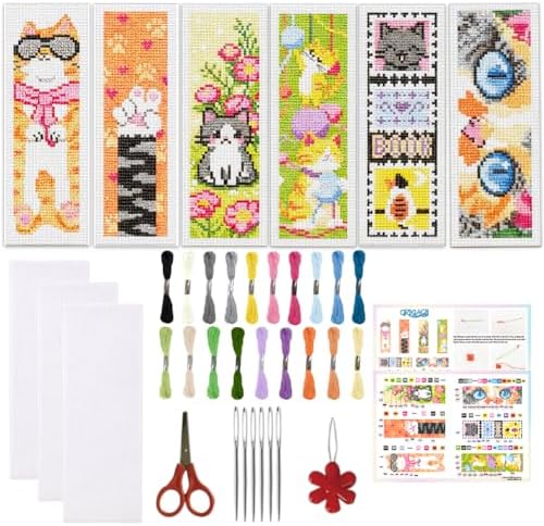 ORIGACH 6 Set Cute Cat Cross Stitch Bookmark Kit for Beginner by ORIGACH