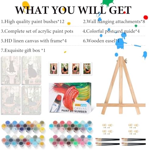 4 Pack Framed Paint by Numbers Kit for Adults Black Cat with Wooden Easel - Image 5