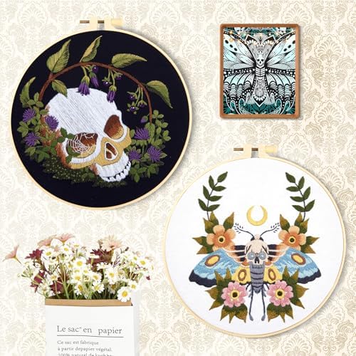 Gothic Skull Embroidery Starter Kits for Beginners Adults, Halloween Stamped Cross Stitch Kit for Beginners Adults, Flowers Hand Embroidery Needlepoint Kit, 2 Embroidery Hoop (Attached Video Tutorial) - Image 7