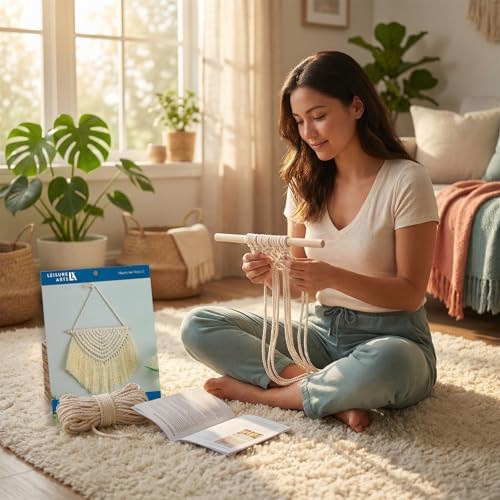 LEISURE ARTS Macrame Half Circle Wall Hanging Kit, Beginner Macrame Kit with Wooden Dowel Cord and Instructions, Diagonal Half Stitch Lark Head Knots, Natural Finish Fringe Tassel - Image 3