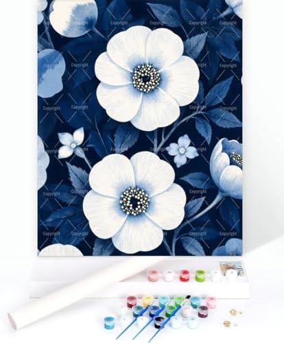 Botanical Paint By Numbers Kit For Adults - Diy Blue White Flower Pattern Painting On Canvas 16X20 In, Acrylic Paint Set, Suitable For Beginners, Wall Decor Art For Home Decoration Or Gifts, Unframed - Image 3