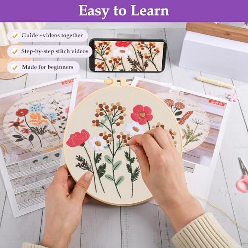 3 Sets Embroidery Kit, Cross Stitch Kits for Beginners, Needlepoint Kits for Adults with Floral Patterns, Hoop, Needles, Threads and Tools, Colorful Threads, Easy to Learn Step-by-Step Guide & Video - Image 3