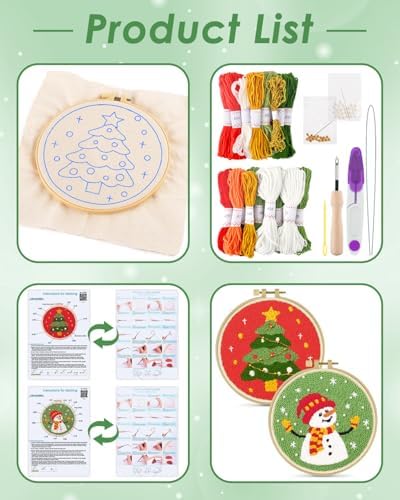 ERKOON Christmas Punch Needle Kit Adults Beginners, 2 Pcs DIY Easy Embroidery Set for Starter Art Craft, Needling Punch Project with Patterns, Tools, Yarns, Hoop, Instruction (ChristmasTree & Snowman) - Image 2