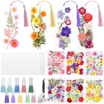 kmfosaat 344 Pcs Pressed Flower Bookmark Making Kit, 50 Laminating Pouches with 242 Dried Flowers, 50 Tassels, Tweezer and Punch, Party DIY Crafts Bookmark for Book Lovers by Unknown