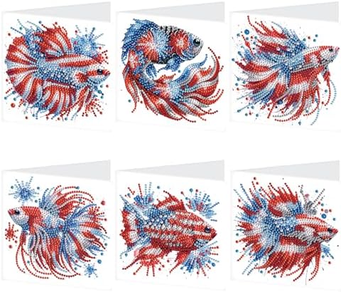 6-Piece 5D Diamond Art Greeting Card Kit with Envelopes, USA Independence Day Goldfish Design, DIY Special Shape Diamond Painting Greeting Cards for Adults, Handmade Card Craft Holiday Gift, 30x15cm by AiYuanzsh