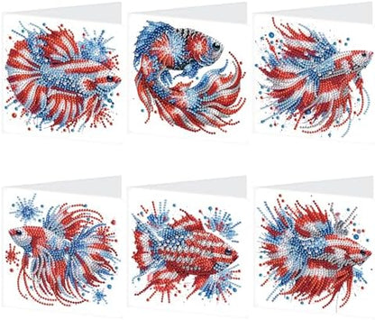 6-Piece 5D Diamond Art Greeting Card Kit with Envelopes, USA Independence Day Goldfish Design, DIY Special Shape Diamond Painting Greeting Cards for Adults, Handmade Card Craft Holiday Gift, 30x15cm by AiYuanzsh