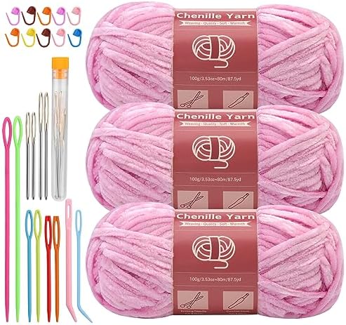 LUNARM Chenille Yarn 3 Pack 3.5oz Chunky Blanket Velvet Yarn 263 Yard by Lunarm