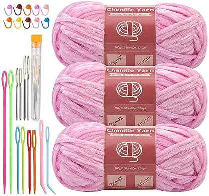 LUNARM Chenille Yarn 3 Pack 3.5oz Chunky Blanket Velvet Yarn 263 Yard by Lunarm