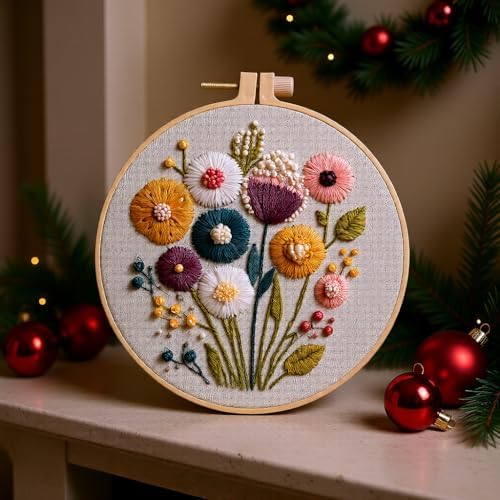 JJFox Embroidery Kit for Beginners and Adults, DIY Hand Embroidery Starter Kit with Cute Pattern, Cross Stitch Needlepoint Set with Hoop, Threads and Instructions (Flower) - Image 2