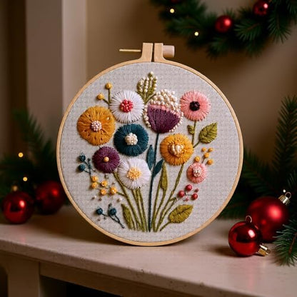 JJFox Embroidery Kit for Beginners and Adults, DIY Hand Embroidery Starter Kit with Cute Pattern, Cross Stitch Needlepoint Set with Hoop, Threads and Instructions (Flower) - Image 2