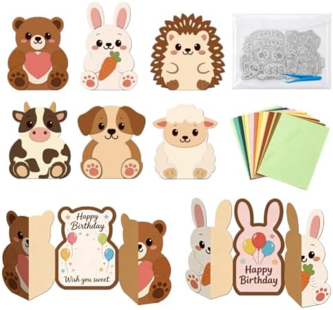 3D Animals Folding Cards Cutting Die 4 Styles Cute Dog Cows Sheep Bears Rabbits Stencils with 15 Scrapbook Paper Pads & Tweezers, All-in-One Animals Craft Kit for DIY Scrapbooking Card by DELORIGIN