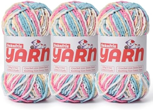 3 Pack Plush Chunky Chenille Yarn for Crocheting, Soft Fluffy Velvet Yarn for Crocheting, Fuzzy Baby Blanket Knitting Yarn, 300g/393yds Bulky Amigurumi Yarns（3 Candy Color） by Sekafris