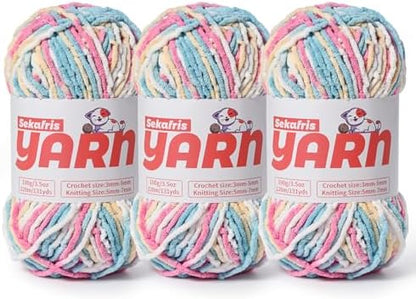 3 Pack Plush Chunky Chenille Yarn for Crocheting, Soft Fluffy Velvet Yarn for Crocheting, Fuzzy Baby Blanket Knitting Yarn, 300g/393yds Bulky Amigurumi Yarns（3 Candy Color） by Sekafris