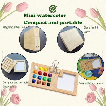Mini Watercolor Paint Set Bamboo Travel Kit with Watercolor Palette Paintbrush Storage Bag and Water Storage Bottle Ready to Use Watercolor Sets for Artists and Beginners（15 Squares） - Image 4