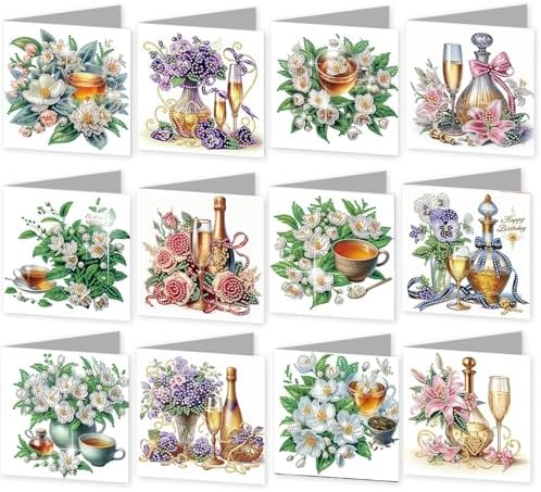 C'eitura 12Pcs Floral Drink Diamond Art Painting Greeting Card Kit with Envelopes, DIY Flower-Themed Beverage Card Making Set for Christmas Birthday Thanksgiving, Creative Handmade Card Craft by C%27eitura
