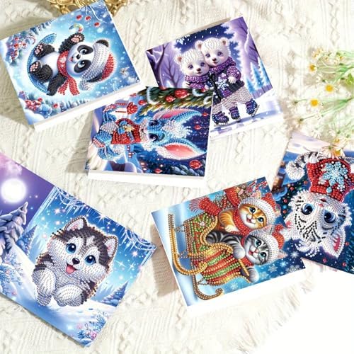 Tontut 8pcs Diamond Art Painting Greeting Card, Bear, Dog, Cat Animals 5D DIY Special Shape Diamond Painting Christmas Birthday Greeting Card Creative Gifts - Image 4