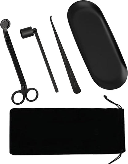 MrMrKura 4 in 1 Candle Accessory Set, Candle Snuffer, Candle Wick Cutter, Candle Dipper, Storage Tray Plate, Candle Care Kit with Velvet Pouch for Candle Lover (Black)