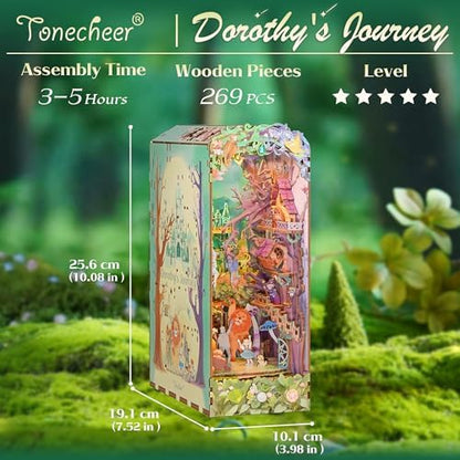 Tonecheer DIY Book Nook Kit, Dorothy's Journey 3D Puzzle Wooden Fairy Tales Miniature House Kit for Adults, Booknook Set Dollhouse Bookshelf Decor Bookend with Dust Cover and LEDs Ideal Gifts - Image 2